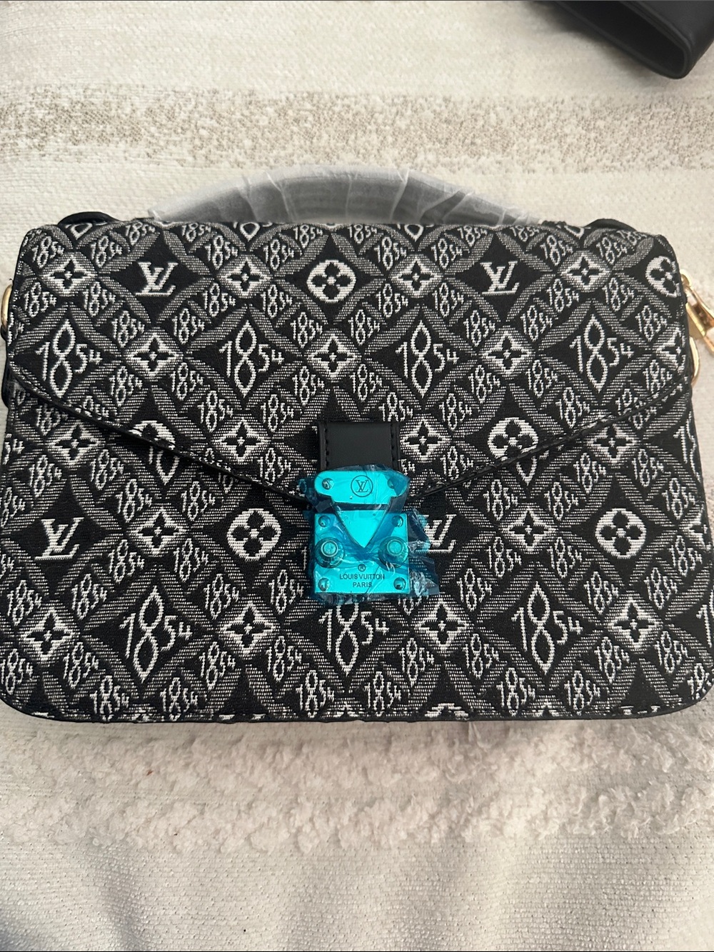 Designer inspired Black & White Monogram Jacquard Crossbody with Turquoise Lock